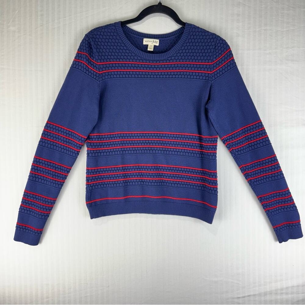 Maison Jules Crewneck Pullover Sweater Women’s Medium Deep Navy Blue Red Striped